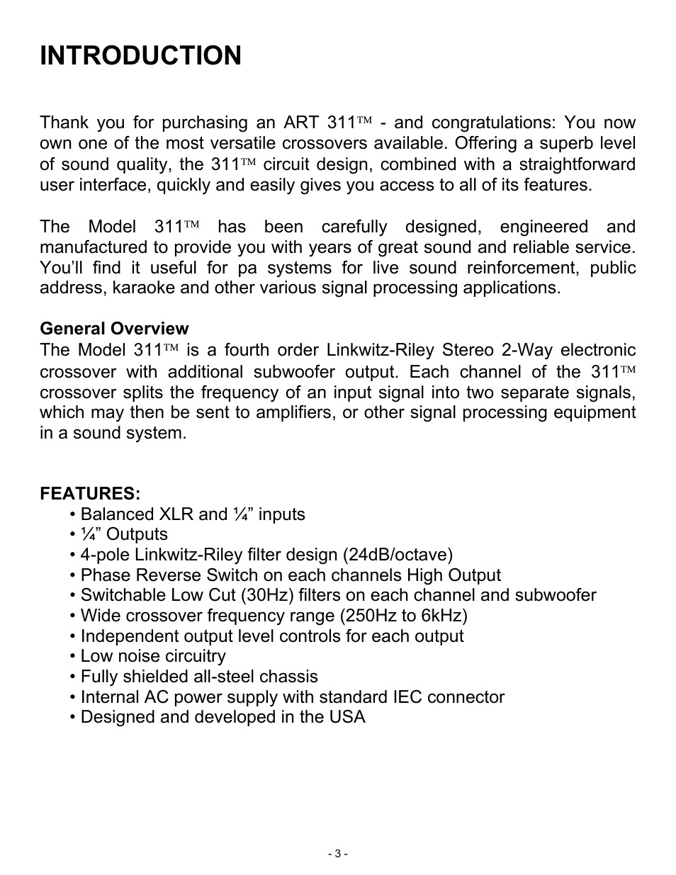 Introduction | ART Pro Audio 311 - 2way Crossover w/ Subwoofer Out User Manual | Page 3 / 12