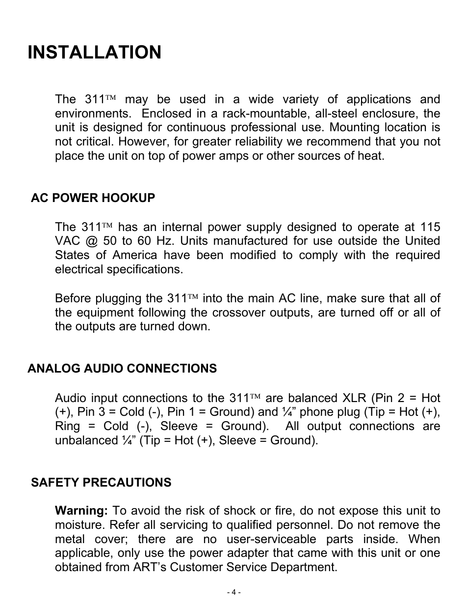 Installation | ART Pro Audio 311 - 2way Crossover w/ Subwoofer Out User Manual | Page 4 / 12