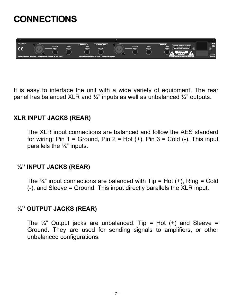 Connections | ART Pro Audio 311 - 2way Crossover w/ Subwoofer Out User Manual | Page 7 / 12