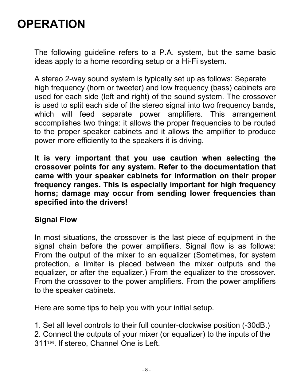 Operation | ART Pro Audio 311 - 2way Crossover w/ Subwoofer Out User Manual | Page 8 / 12