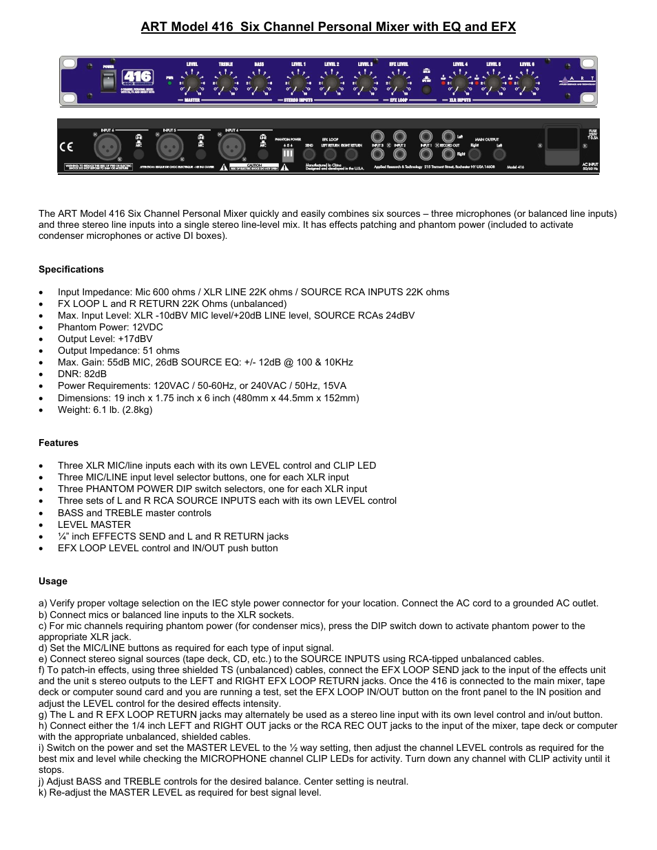 ART Pro Audio 416 - Six Channel Mixer w/ EQ and EFX User Manual | 2 pages