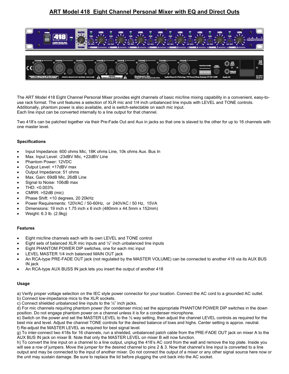 ART Pro Audio 418 - Eight Channel Mixer w/ EQ and Direct Outs User Manual | 2 pages