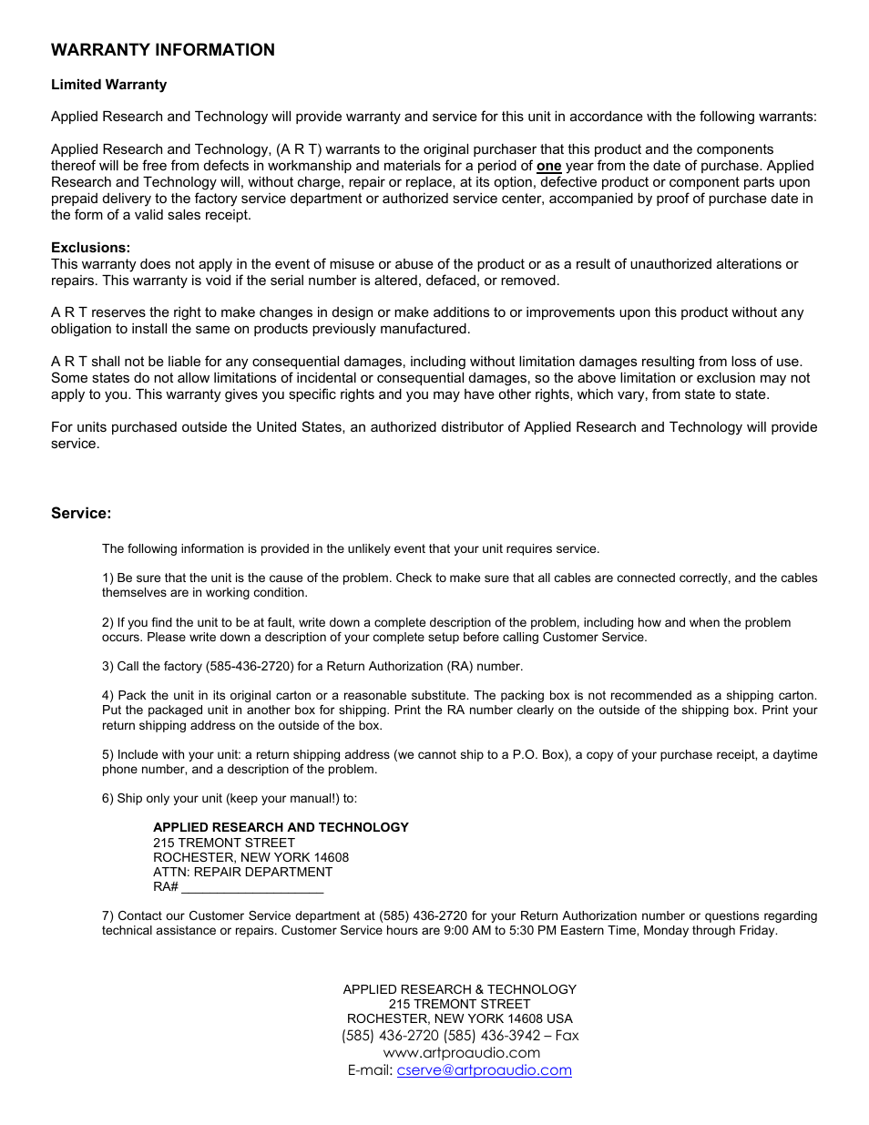 Warranty information, Limited warranty, Rochester, new york 14608 | ART Pro Audio 418 - Eight Channel Mixer w/ EQ and Direct Outs User Manual | Page 2 / 2