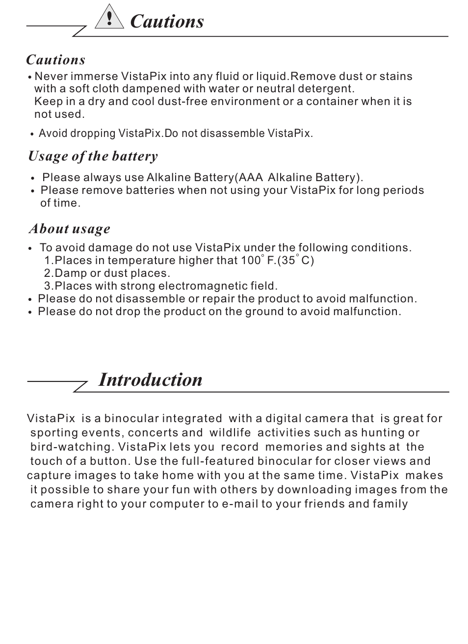 頁面 2, Cautions introduction, Usage of the battery | Cautions, About usage | Celestron VistaPix 72204 User Manual | Page 2 / 14