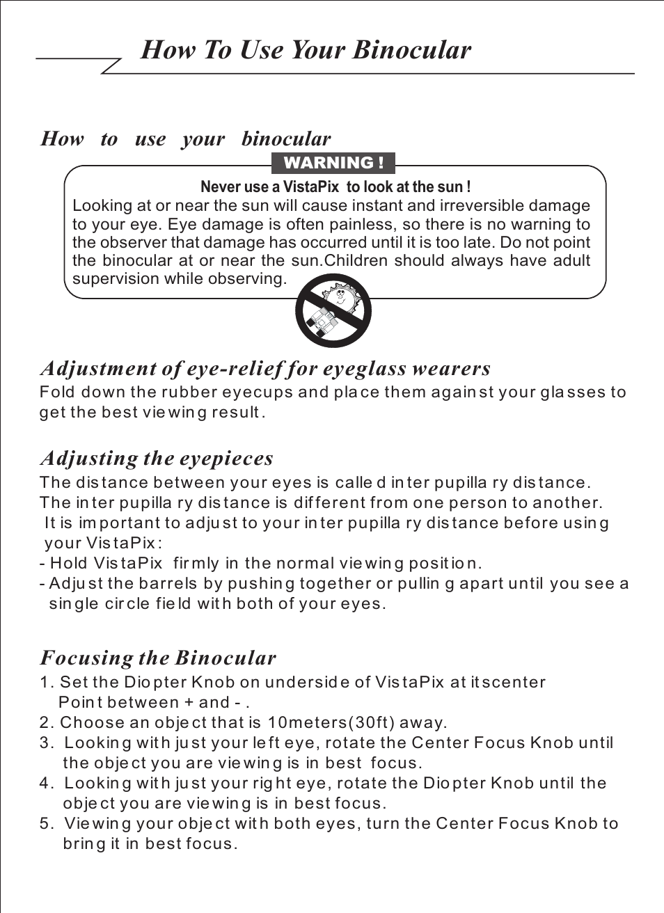 頁面 4, How to use your binocular | Celestron VistaPix 72204 User Manual | Page 4 / 14