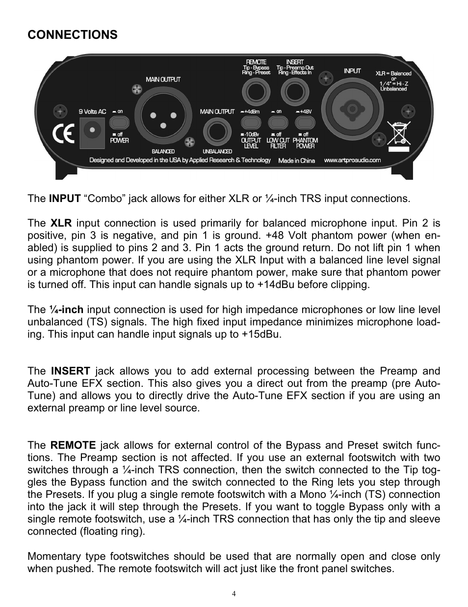 Connections | ART Pro Audio Auto-Tune Pre User Manual | Page 4 / 12