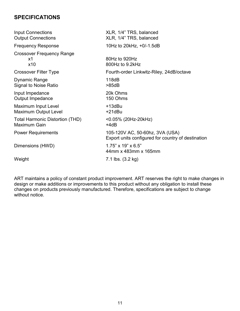 Specifications | ART Pro Audio CX310 - 2way/3way Crossover User Manual | Page 11 / 12