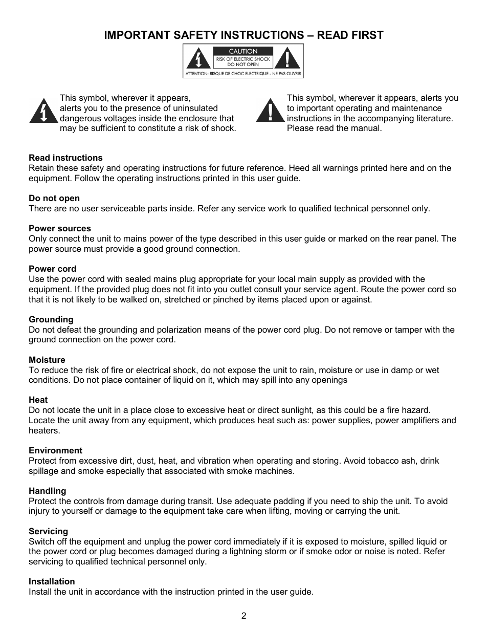 Important safety instructions – read first | ART Pro Audio CX310 - 2way/3way Crossover User Manual | Page 2 / 12