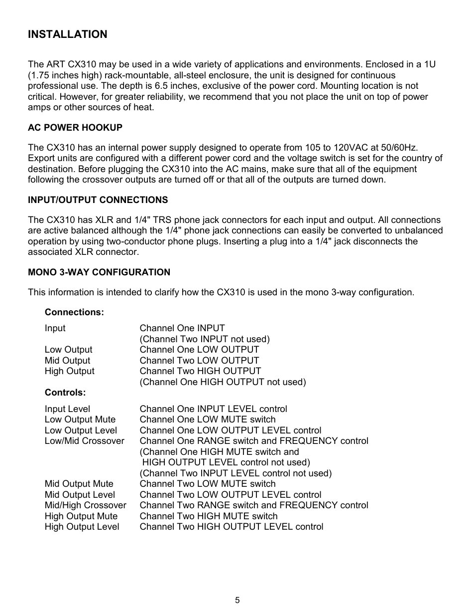 Installation, Ac power hookup, Input/output connections | Mono 3-way configuration, Connections, Controls | ART Pro Audio CX310 - 2way/3way Crossover User Manual | Page 5 / 12