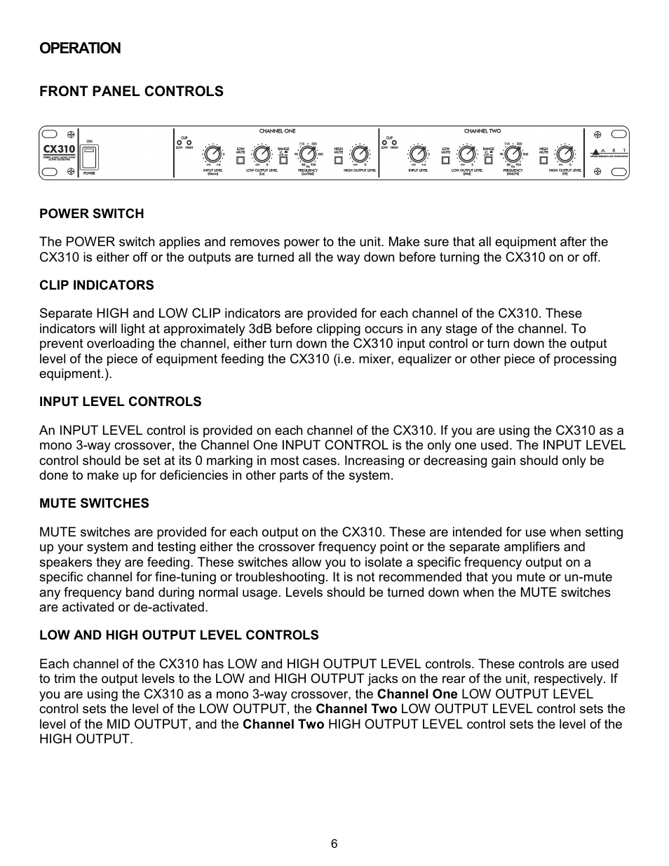 Operation, Front panel controls, Power switch | Clip indicators, Input level controls, Mute switches, Low and high output level controls | ART Pro Audio CX310 - 2way/3way Crossover User Manual | Page 6 / 12