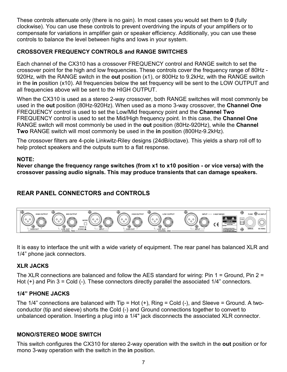 Crossover frequency controls and range switches, Rear panel connectors and controls, Xlr jacks | 1/4” phone jacks, Mono/stereo mode switch | ART Pro Audio CX310 - 2way/3way Crossover User Manual | Page 7 / 12