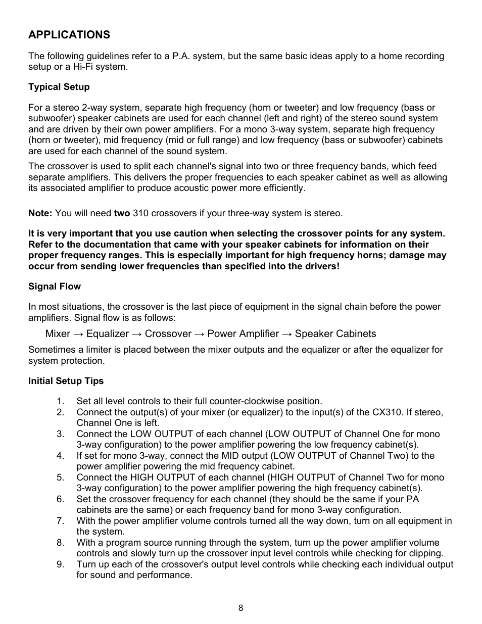 Applications, Typical setup, Signal flow | Initial setup tips | ART Pro Audio CX310 - 2way/3way Crossover User Manual | Page 8 / 12