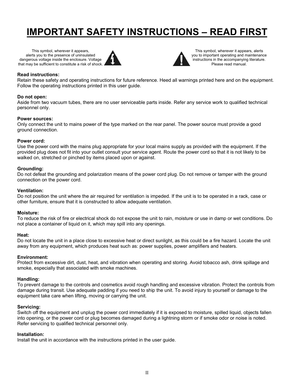 Important safety instructions – read first | ART Pro Audio Digital MPA-II - Two Ch. Mic Pre w/ A/D Conversion User Manual | Page 2 / 24