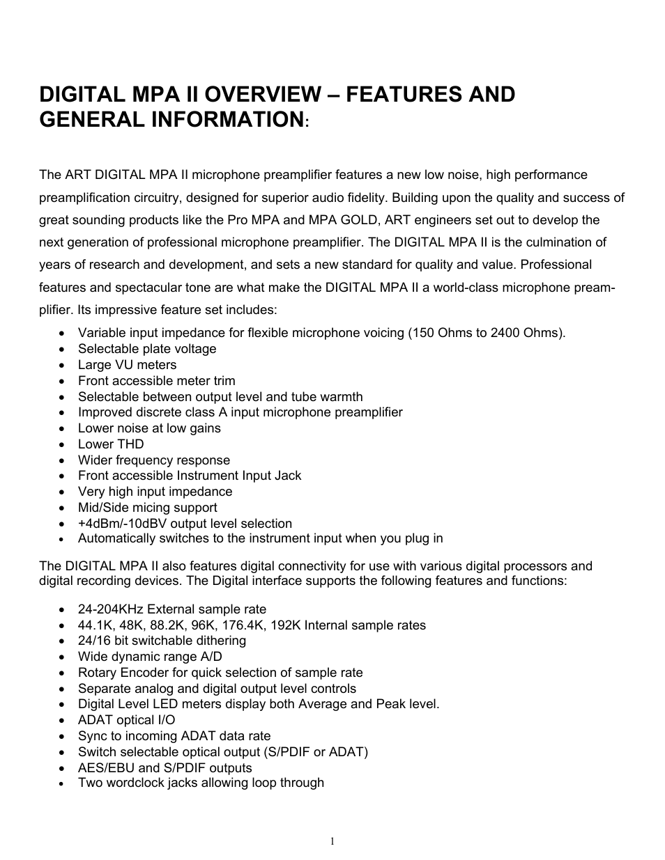 ART Pro Audio Digital MPA-II - Two Ch. Mic Pre w/ A/D Conversion User Manual | Page 4 / 24