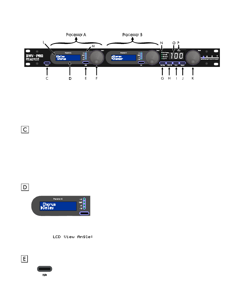 Dmv-pro front panel controls and indicators, Processors (a) & (b), Power | Edit button, Dmv-pro front panel controls & indicators, Processors (a) and (b), Lcd (a) and (b), Edit buttons (a) and (b) | ART Pro Audio DMV-Pro - Dual True-Stereo Effects Processor User Manual | Page 10 / 61