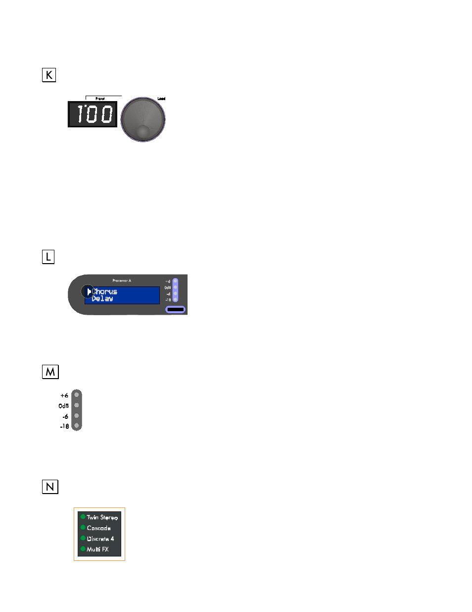 Preset encoder/switch, Selection arrow, Processor (a) & (b) meters | Routing leds, Preset encoder / switch, 0 processor (a) & (b) meters, 1 routing leds | ART Pro Audio DMV-Pro - Dual True-Stereo Effects Processor User Manual | Page 12 / 61