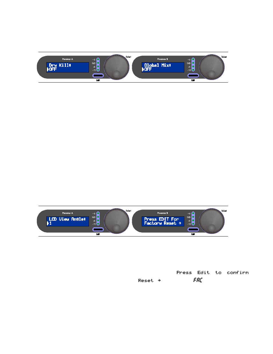 Dry kill/global mix, Lcd view angles/factory reset, Dry kill / global mix | Lcd view angles / factory reset | ART Pro Audio DMV-Pro - Dual True-Stereo Effects Processor User Manual | Page 51 / 61