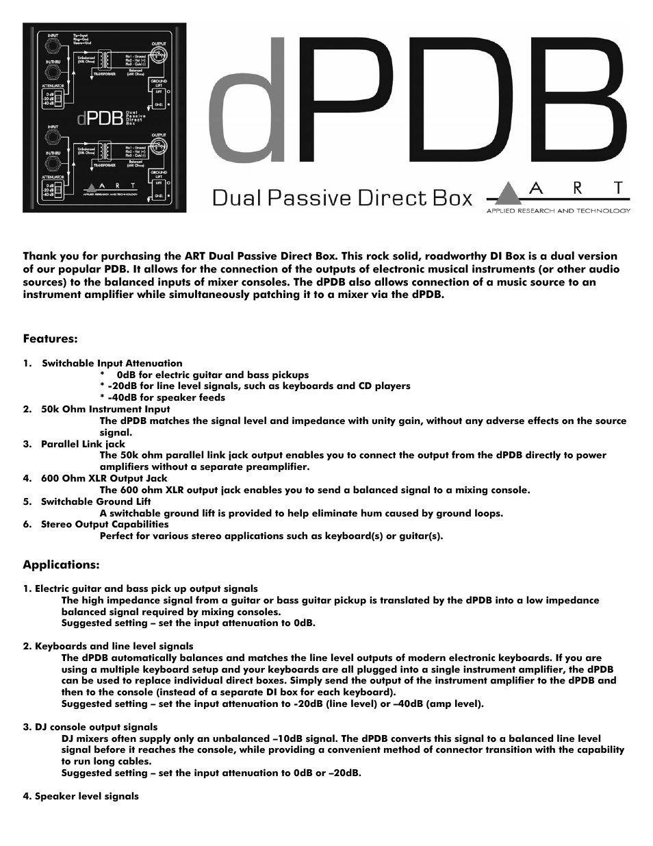 ART Pro Audio dPDB - Dual Passive Direct Box User Manual | 2 pages