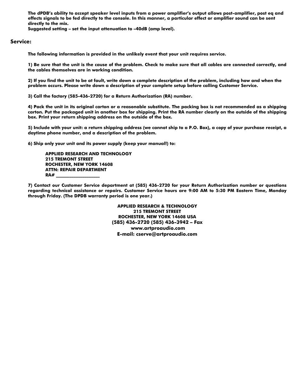 Rochester, new york 14608 | ART Pro Audio dPDB - Dual Passive Direct Box User Manual | Page 2 / 2