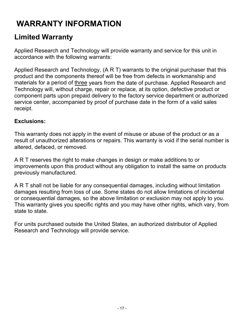 Warranty information, Limited warranty | ART Pro Audio DPS II - Digital Preamplifier System User Manual | Page 17 / 19