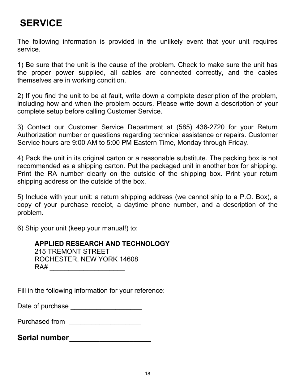 Service | ART Pro Audio DPS II - Digital Preamplifier System User Manual | Page 18 / 19