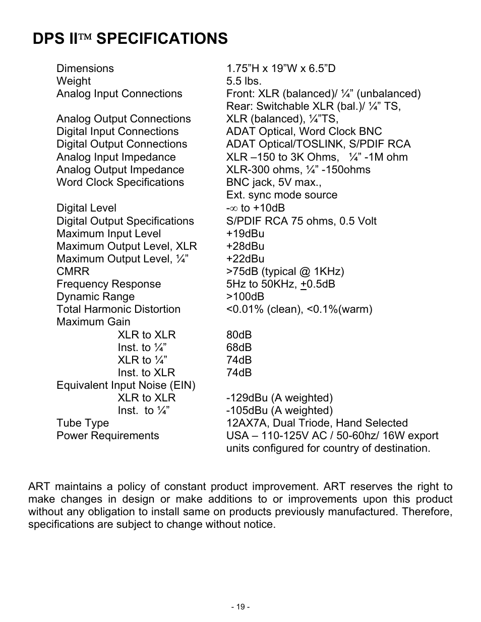 Dps ii  specifications | ART Pro Audio DPS II - Digital Preamplifier System User Manual | Page 19 / 19