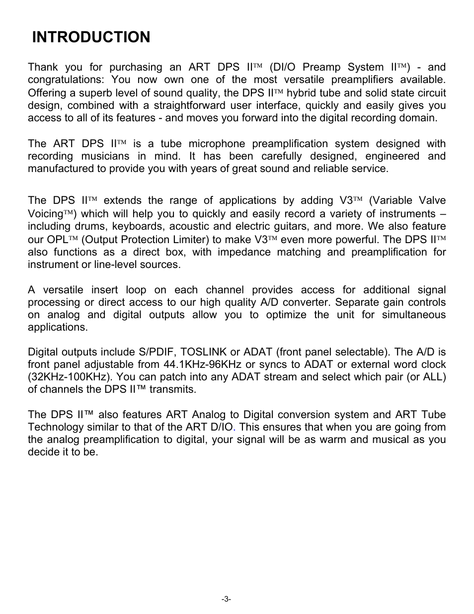 Introduction | ART Pro Audio DPS II - Digital Preamplifier System User Manual | Page 3 / 19