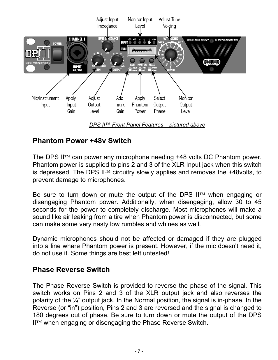 Phantom power +48v switch, Phase reverse switch | ART Pro Audio DPS II - Digital Preamplifier System User Manual | Page 7 / 19