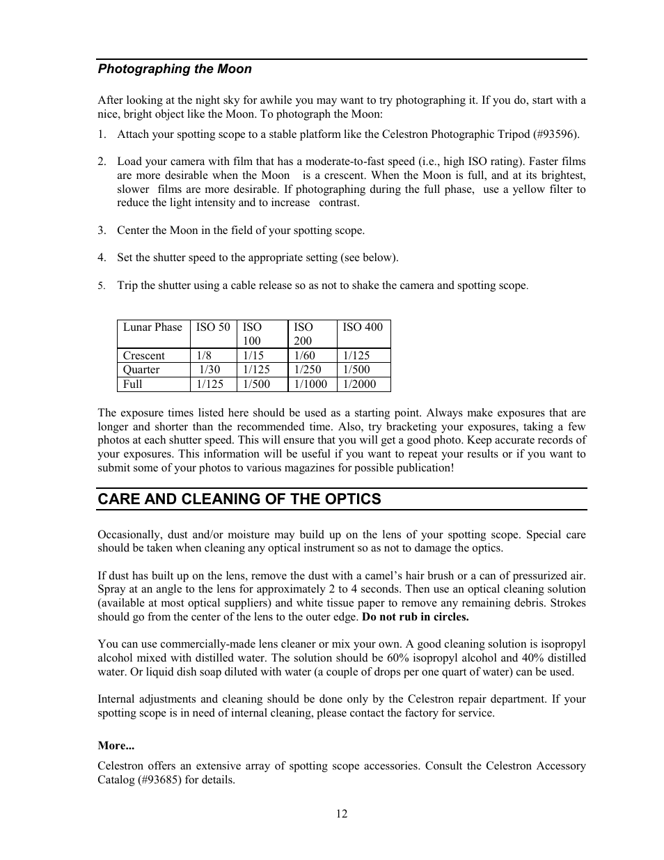 Care and cleaning of the optics | Celestron Refractor 80ED User Manual | Page 12 / 16