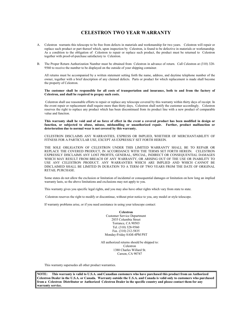 Celestron two year warranty | Celestron Refractor 80ED User Manual | Page 15 / 16