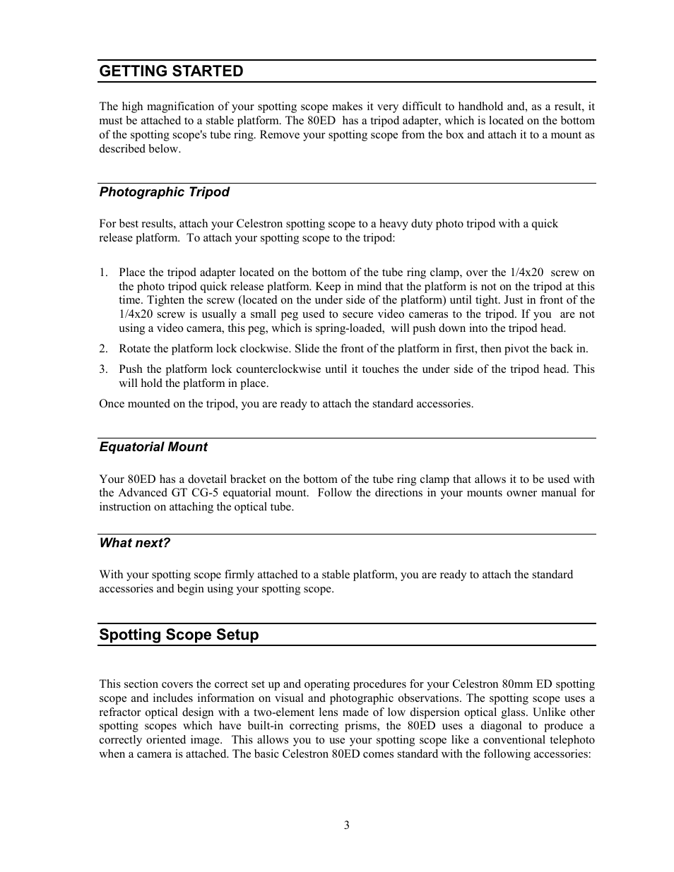 Getting started, Spotting scope setup | Celestron Refractor 80ED User Manual | Page 3 / 16