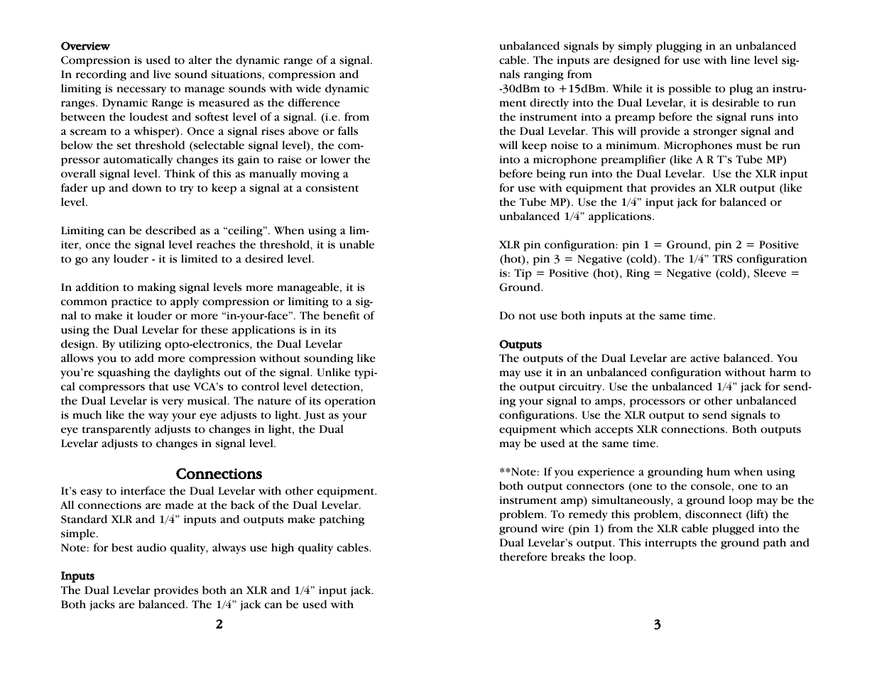 Overview, Connections, Inputs | Outputs | ART Pro Audio Dual Levelar - Two Channel Compressor/Limiter User Manual | Page 3 / 6