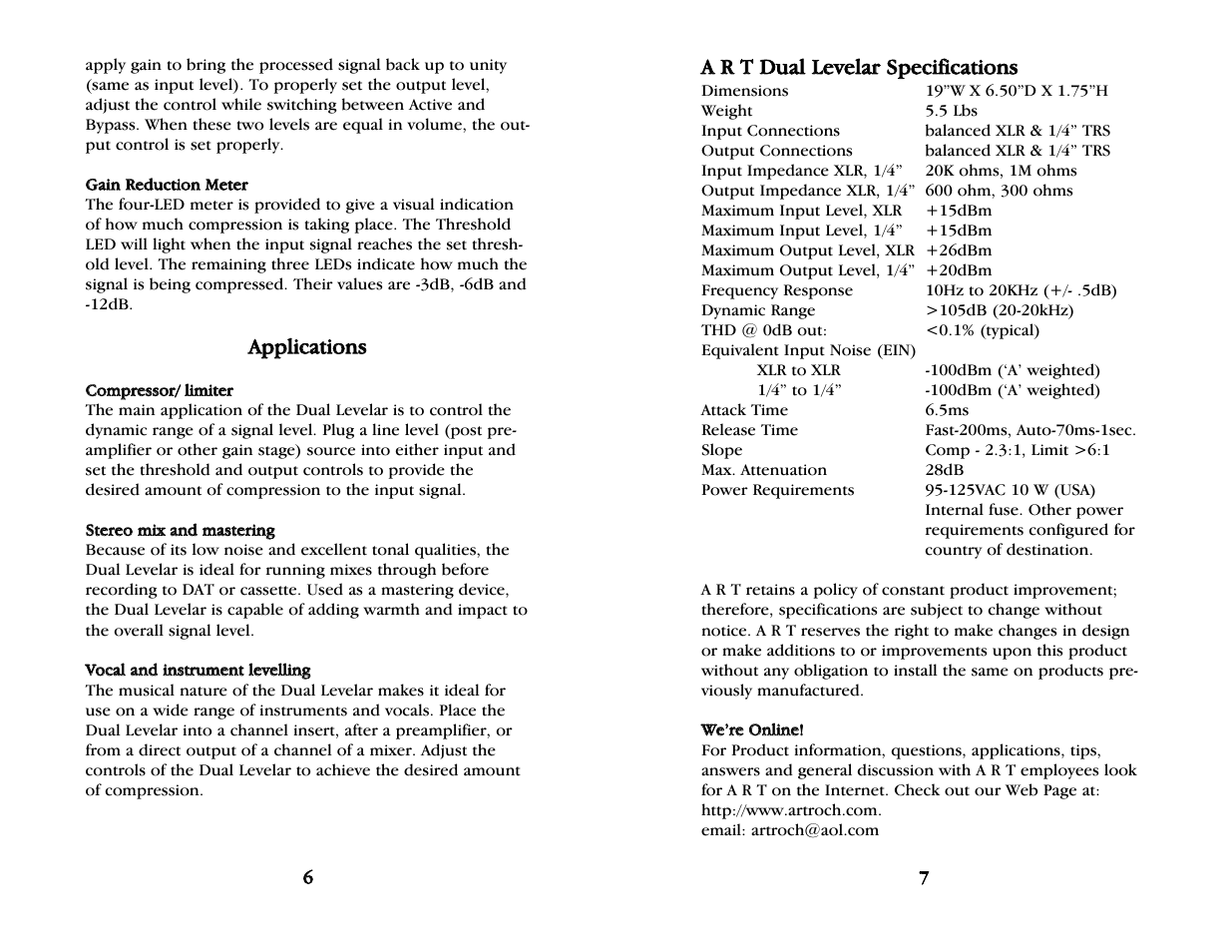 Gain reduction meter, Applications, Compressor/limiter | Stereo mix and mastering, Vocal and instrument leveling, Dual levelar specifications, On-line information | ART Pro Audio Dual Levelar - Two Channel Compressor/Limiter User Manual | Page 5 / 6