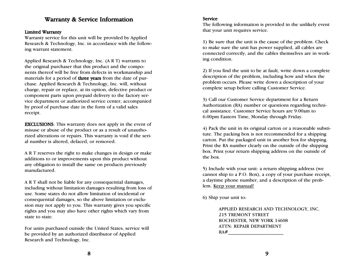 Warranty and service information | ART Pro Audio Dual Levelar - Two Channel Compressor/Limiter User Manual | Page 6 / 6