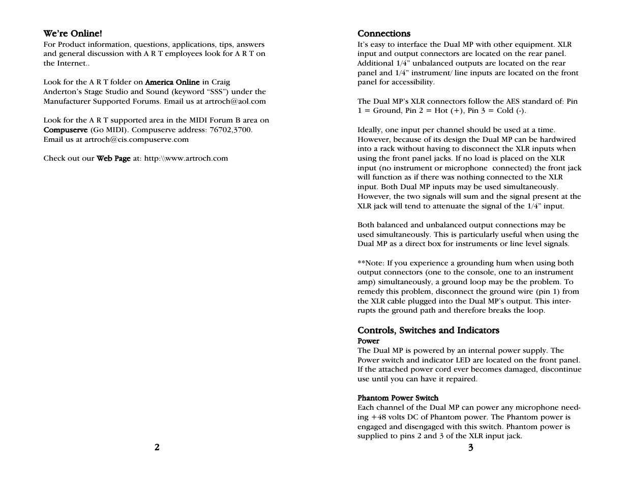 On-line information, Connections, Controls, switches and indicators | Power, Phantom power switch | ART Pro Audio Dual MP - Two Channel Tube Preamplifier User Manual | Page 3 / 7