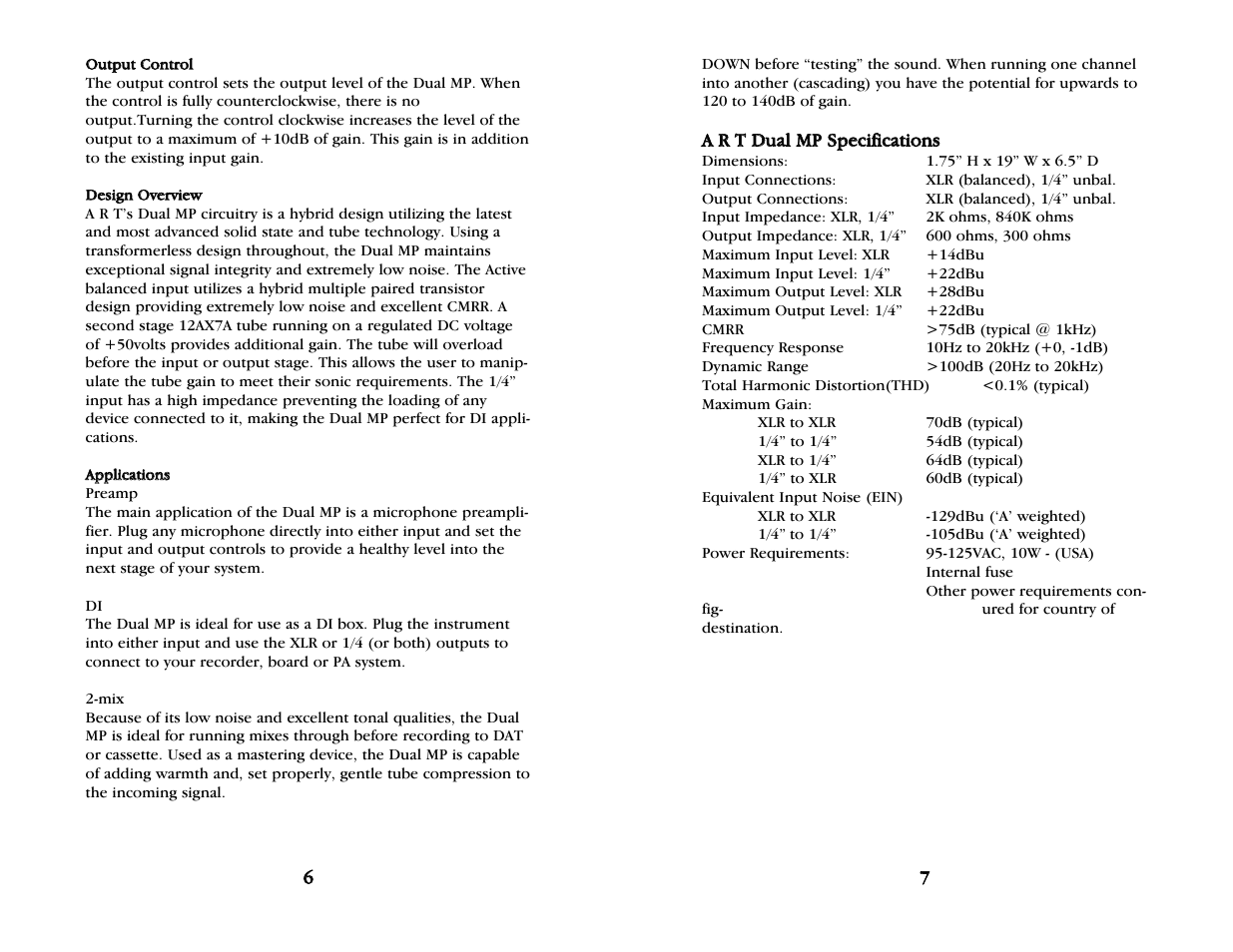 Output control, Design overview, Applications | Dual mp specifications | ART Pro Audio Dual MP - Two Channel Tube Preamplifier User Manual | Page 5 / 7