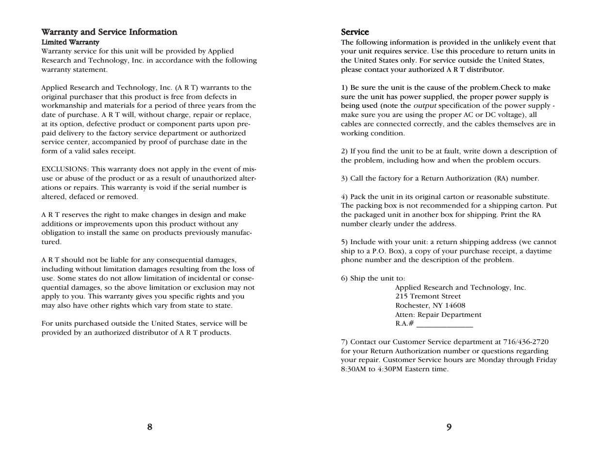 Warranty and service information | ART Pro Audio Dual MP - Two Channel Tube Preamplifier User Manual | Page 6 / 7