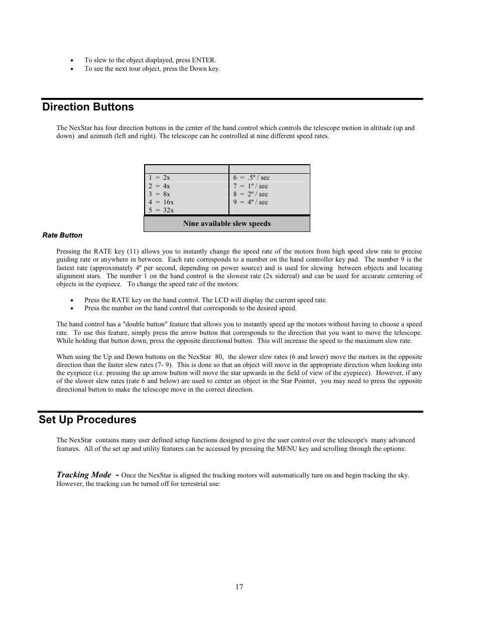 Direction buttons, Set up procedures | Celestron NexStar 80GTL User Manual | Page 17 / 44