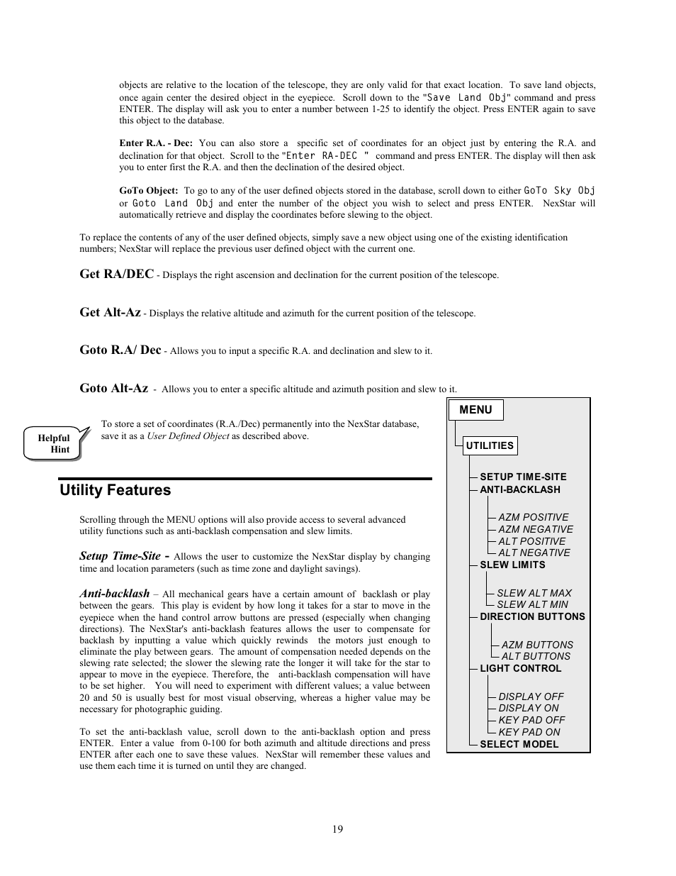 Utility features | Celestron NexStar 80GTL User Manual | Page 19 / 44