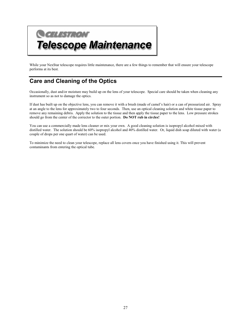 Care and cleaning of the optics | Celestron NexStar 80GTL User Manual | Page 27 / 44