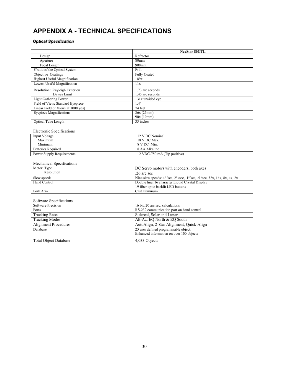 Appendix a - technical specifications | Celestron NexStar 80GTL User Manual | Page 30 / 44