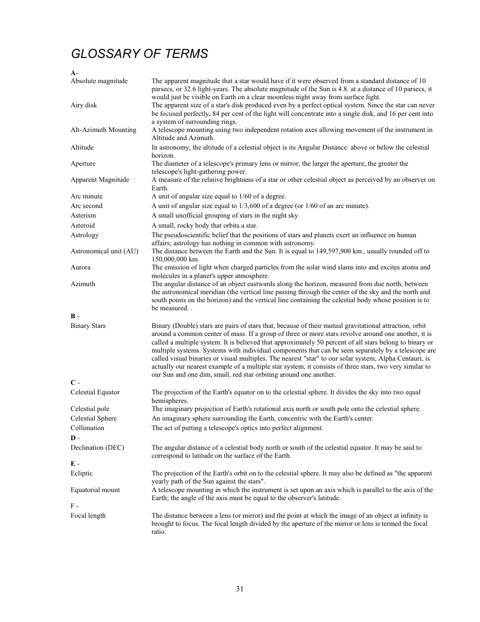Glossary of terms | Celestron NexStar 80GTL User Manual | Page 31 / 44