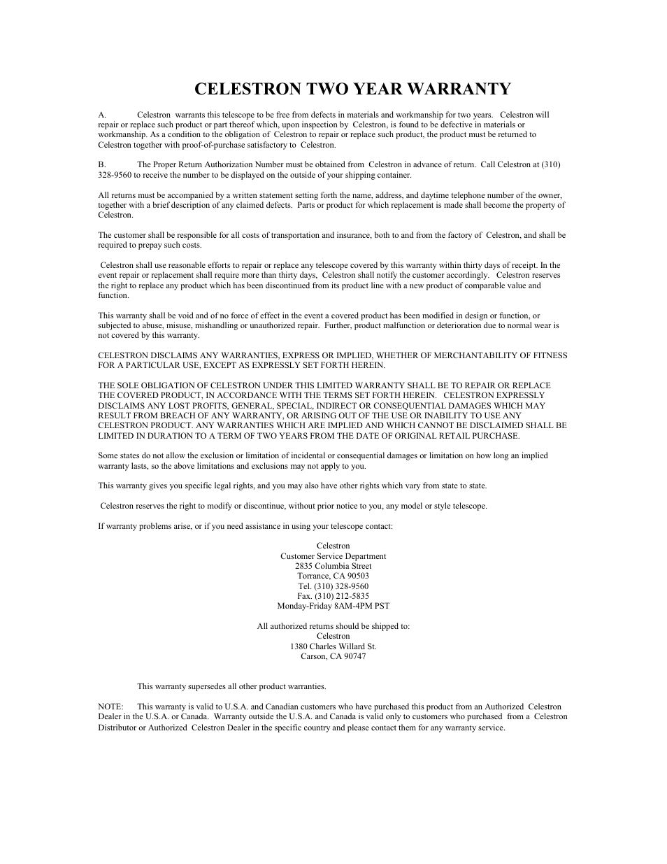 Celestron two year warranty | Celestron NexStar 80GTL User Manual | Page 43 / 44