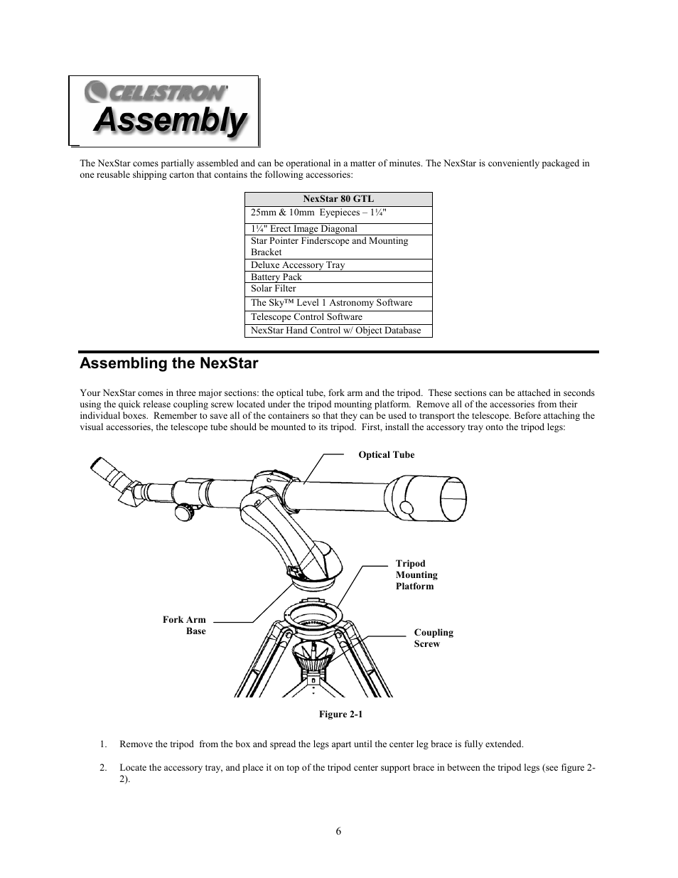 Assembling the nexstar | Celestron NexStar 80GTL User Manual | Page 6 / 44