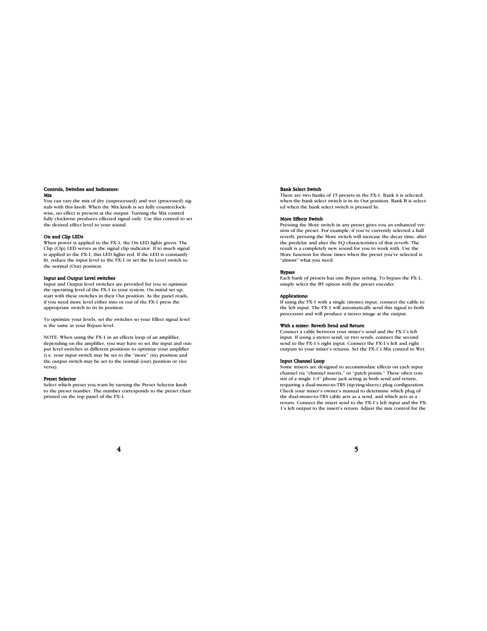 Controls, switches and indicators, On and clip leds, Input and output level switches | Preset selector, Bank selector switch, More effects switch, Bypass, Applications, With an mixer: reverb send and return, Input channel loop | ART Pro Audio FX-1 - Personal Effects Processor User Manual | Page 3 / 7