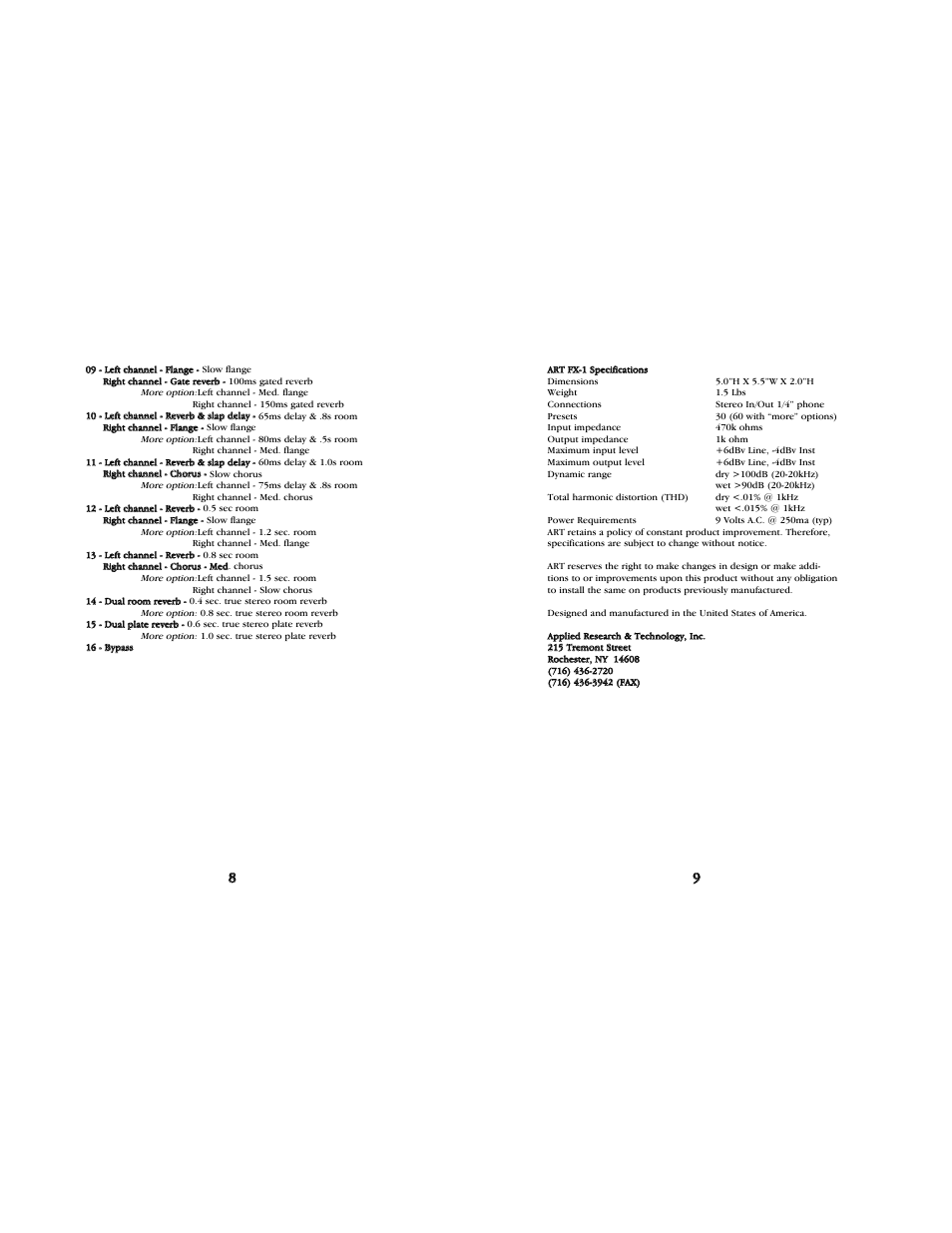 Fx-1 specifications | ART Pro Audio FX-1 - Personal Effects Processor User Manual | Page 5 / 7