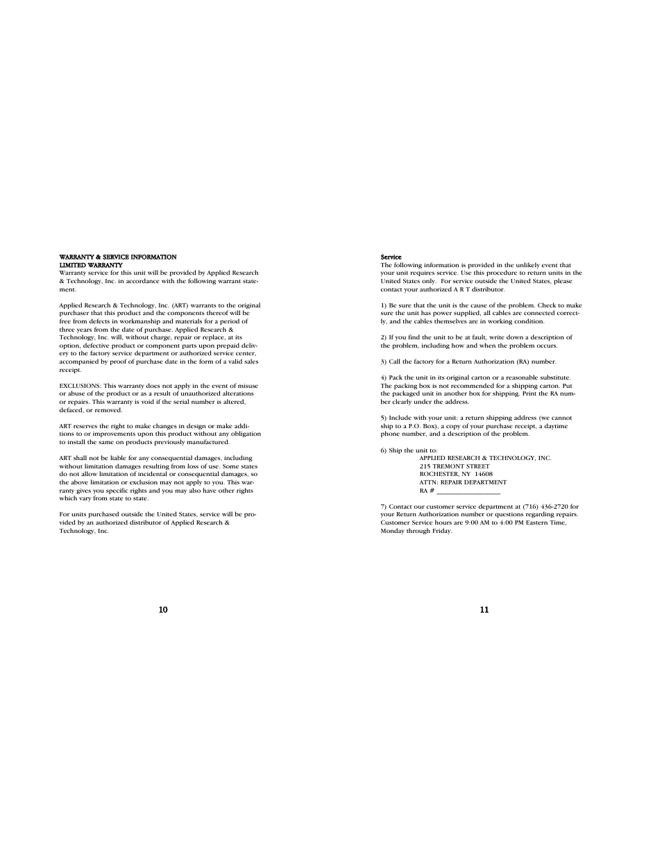 Warranty and service information, Limited warranty, Service | ART Pro Audio FX-1 - Personal Effects Processor User Manual | Page 6 / 7