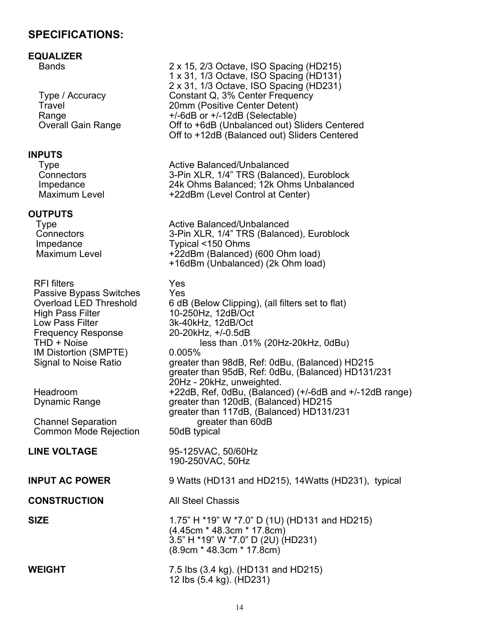 ART Pro Audio HD-131 - Single 31 Band Graphic Equalizer User Manual | Page 14 / 16