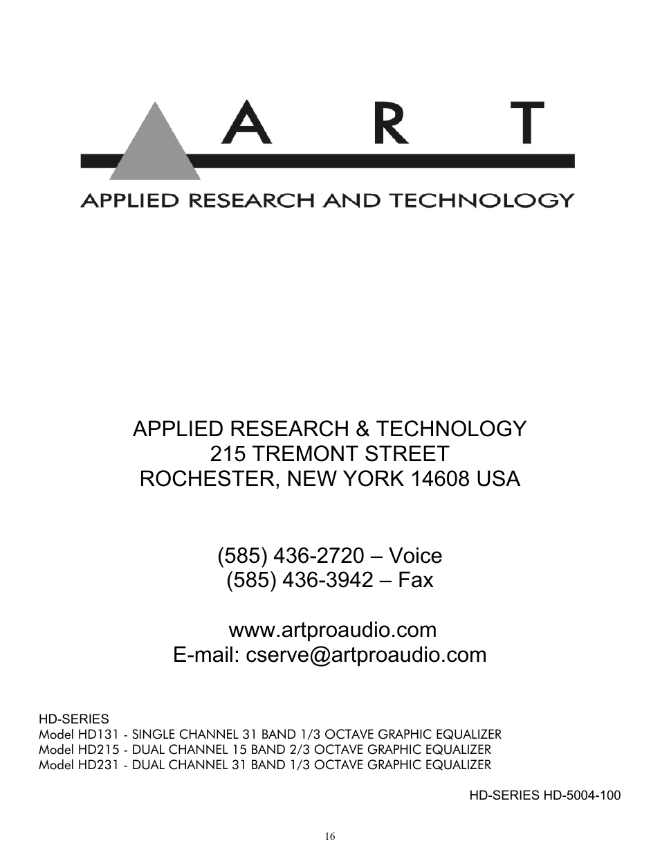 ART Pro Audio HD-131 - Single 31 Band Graphic Equalizer User Manual | Page 16 / 16