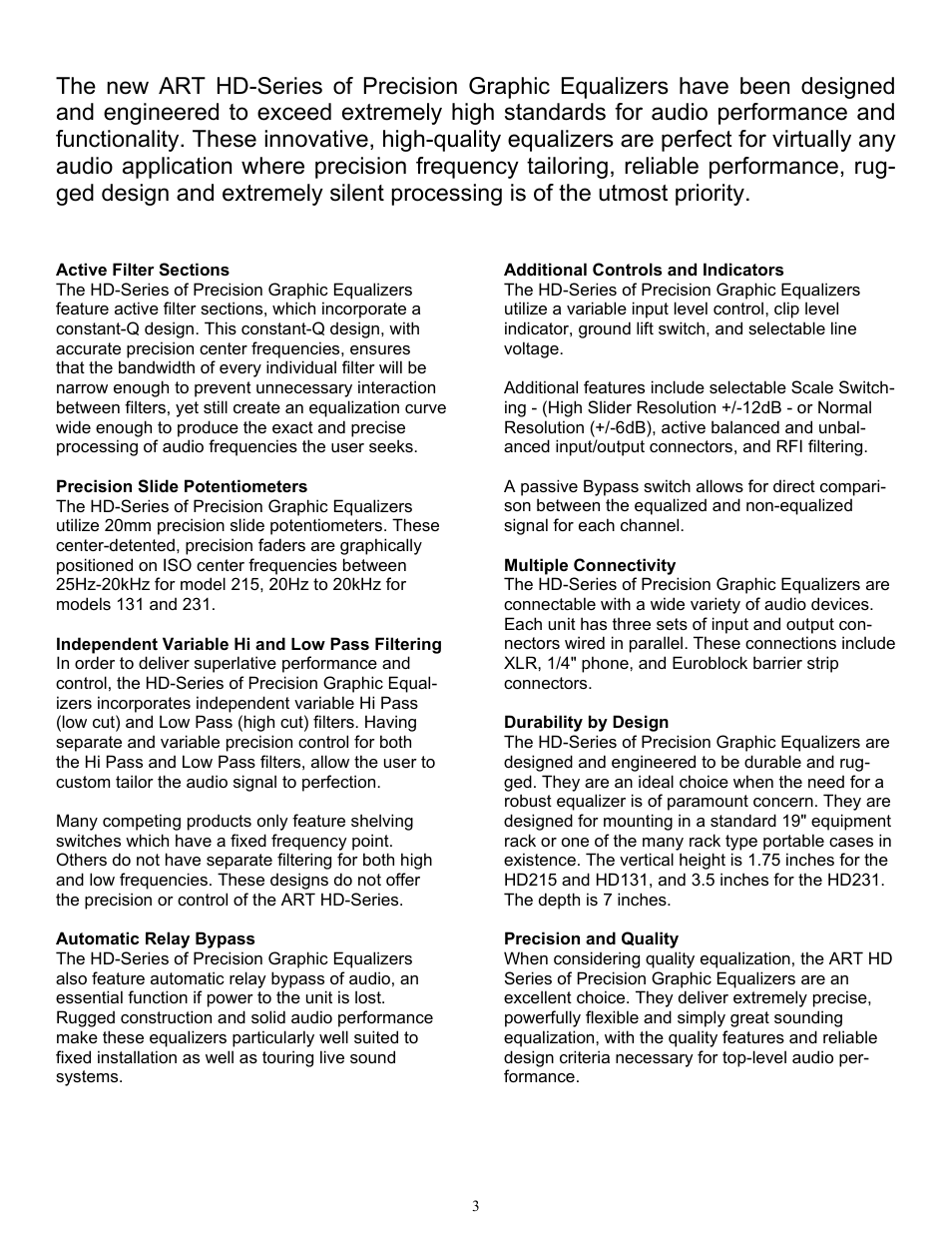 ART Pro Audio HD-131 - Single 31 Band Graphic Equalizer User Manual | Page 3 / 16
